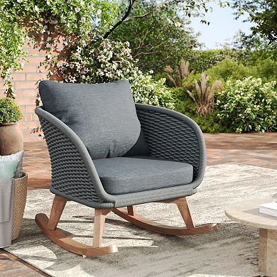 Wicker Rocking Chair Set with Wood Frame and Soft Cushions for Indoor Outdoor