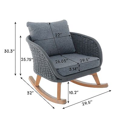 Wicker Rocking Chair Set with Wood Frame and Soft Cushions for Indoor Outdoor