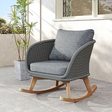 Wicker Rocking Chair Set with Wood Frame and Soft Cushions for Indoor Outdoor