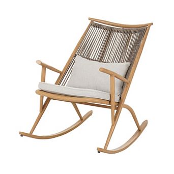 Iron Rocking Chair Set with Maple Finish and Rattan Accents for Outdoor Deck