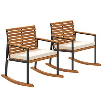 Outdoor Rocking Chair Set with Cushioned Acacia Wood Seats for Patio and Porch