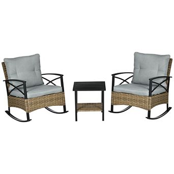 Wicker Rocking Bistro Set with Cushioned Seats and Two Tier Coffee Table