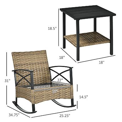 Wicker Rocking Bistro Set with Cushioned Seats and Two Tier Coffee Table