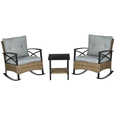 Wicker Rocking Bistro Set with Cushioned Seats and Two Tier Coffee Table
