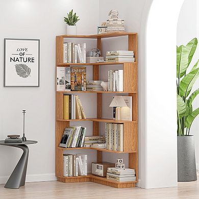 5-Tier Corner Storage Rack with Protective Edges and Solid Wood for Entryway Decor