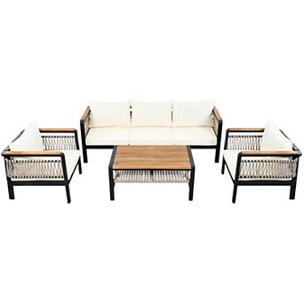 4 pc Patio Conversation Set with Deep Seating Cushions and Wood Table for Garden