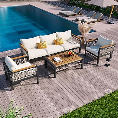 4-Piece Patio Conversation Set with Deep Seating Cushions and Wood Table for Garden