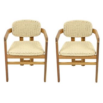 2 pc Rattan Armchairs with Curved Back and Durable Wood Support for Outdoor Nook