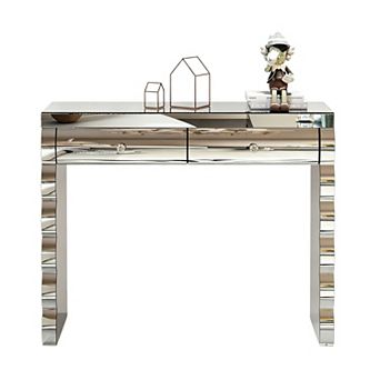Mirror Accent Console Table With Curved Surface And Dual Drawer Design For Hallway Living Room