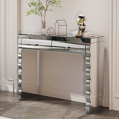 Mirror Accent Console Table With Curved Surface And Dual Drawer Design For Hallway Living Room