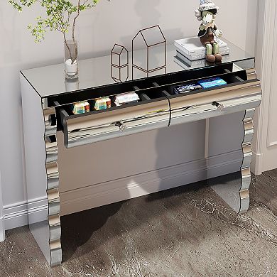 Mirror Accent Console Table With Curved Surface And Dual Drawer Design For Hallway Living Room