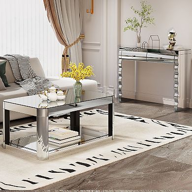 Mirror Accent Console Table With Curved Surface And Dual Drawer Design For Hallway Living Room