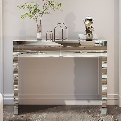 Mirror Accent Console Table With Curved Surface And Dual Drawer Design For Hallway Living Room