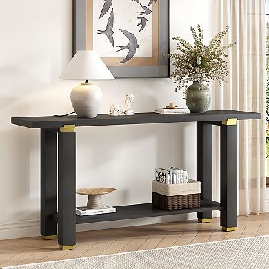 Wooden Console Table With Metal Accents And Built In Shelf For Entryway Sofa Side Household Use