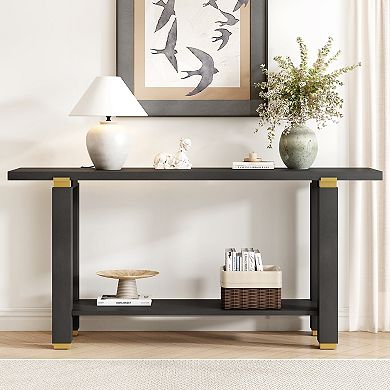 Wooden Console Table With Metal Accents And Built In Shelf For Entryway Sofa Side Household Use