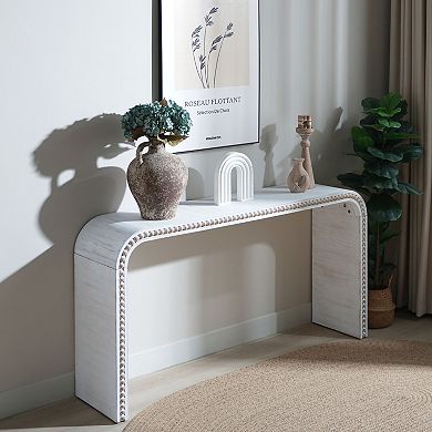 Curved Waterfall Console Table With Bead Detail Wooden Build For Office Hallway And Indoor Spaces