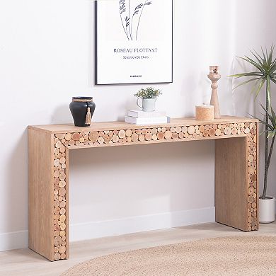 Wood Console Table With Log Accent Detail Narrow Build For Hallway Accent And Sofa Side Use