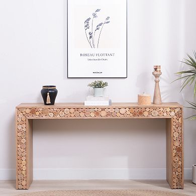 Wood Console Table With Log Accent Detail Narrow Build For Hallway Accent And Sofa Side Use