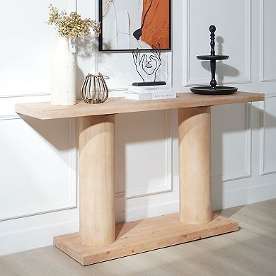 Wooden Console Table With Column Pedestal Structure Decorative Build For Entryway Living Room