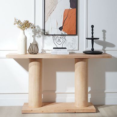 Wooden Console Table With Column Pedestal Structure Decorative Build For Entryway Living Room