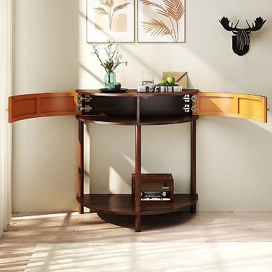 Half Moon Console Table With Wave Pattern Dual Drawer And Bottom Shelf For Bedroom Study Hallway
