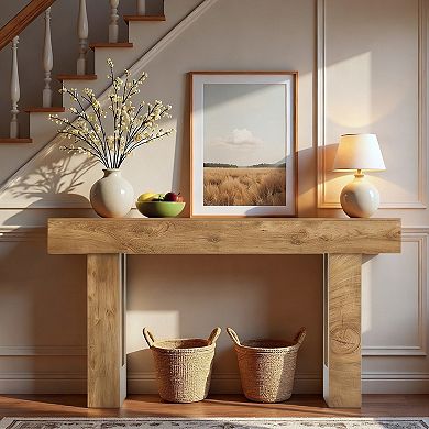 Long Wooden Console Table With Natural Grain Detail Rectangular Frame For Entryway Behind Couch