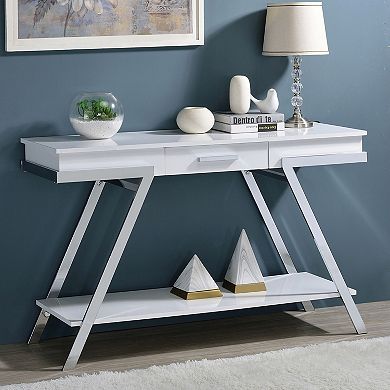 Console Table With Glossy Surface Metal Frame Construction For Living Room Indoor Placement