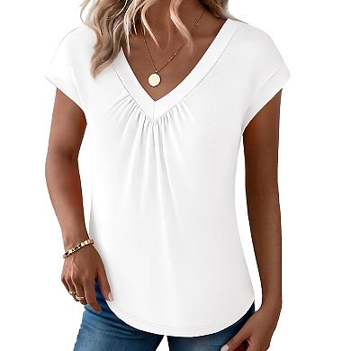 Women's Casual Loose V Neck Top, Front Pleated Cap Sleeve Basic Short Sleeve T‑Shirt