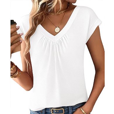 Women's Casual Loose V Neck Top, Front Pleated Cap Sleeve Basic Short Sleeve T‑Shirt