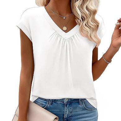 Women's Casual Loose V Neck Top, Front Pleated Cap Sleeve Basic Short Sleeve T‑Shirt