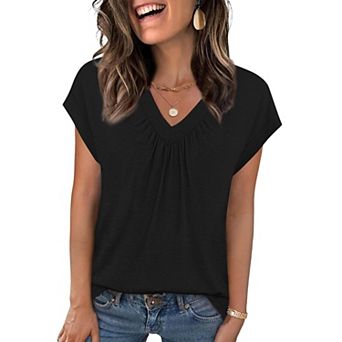 Women's Casual Loose V Neck Top, Front Pleated Cap Sleeve Basic Short Sleeve T‑Shirt