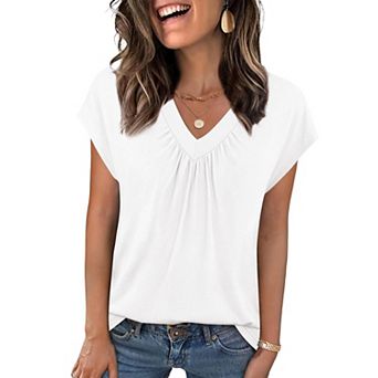 Women's Casual Loose V Neck Top, Front Pleated Cap Sleeve Basic Short Sleeve T‑Shirt