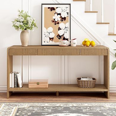 Console Table With Vertical Slat Panel Three Drawer Storage Round Edge Build For Home Use