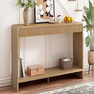 Console Table With Vertical Slat Panel Three Drawer Storage Round Edge Build For Home Use