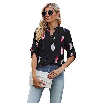 Women's V Neck Print Three Quarter Sleeve Loose-Fitting Shirt Fashionable Loose Top