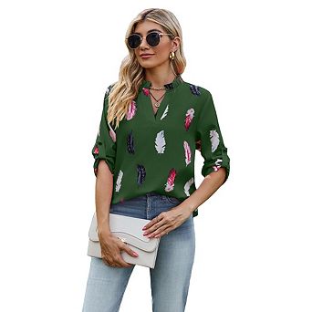 Women's V Neck Print Three Quarter Sleeve Loose-Fitting Shirt Fashionable Loose Top