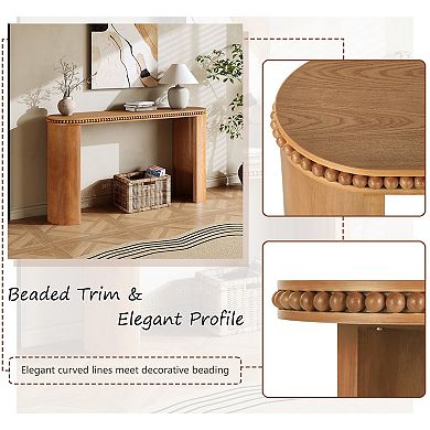 Wood Veneer Console Table With Beaded Trim And Curved Legs For Hallway And Sofa Side Use