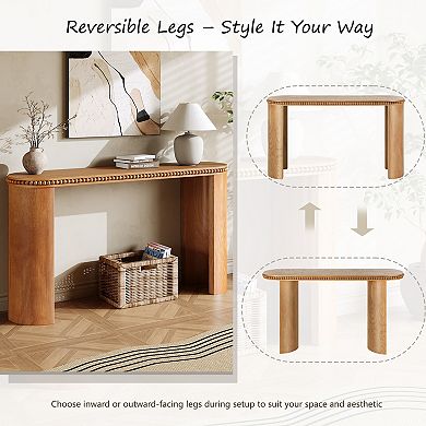 Wood Veneer Console Table With Beaded Trim And Curved Legs For Hallway And Sofa Side Use