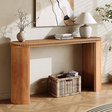 Wood Veneer Console Table With Beaded Trim And Curved Legs For Hallway And Sofa Side Use