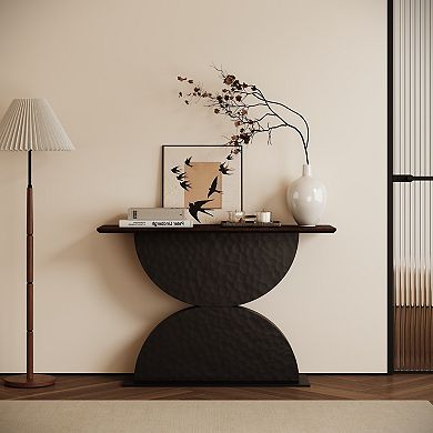 Wood Console Table With Textured Base And Built In Lighting Decorative Structure For Living Room