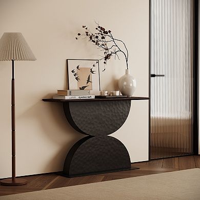 Wood Console Table With Textured Base And Built In Lighting Decorative Structure For Living Room