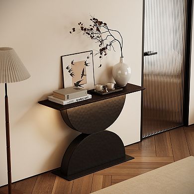 Wood Console Table With Textured Base And Built In Lighting Decorative Structure For Living Room
