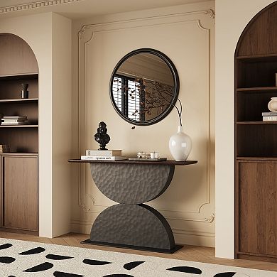 Wood Console Table With Textured Base And Built In Lighting Decorative Structure For Living Room