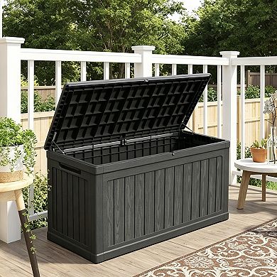 Oversized Resin Deck Box With Waterproof Barrier Lockable Lid For Patio Furnishings And Pool Gear