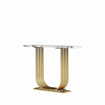 Narrow Console Table With Imitation Marble Top Wooden Frame Construction For Bedroom Living Room