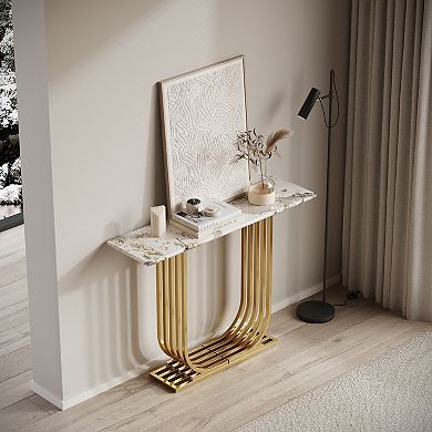 Narrow Console Table With Imitation Marble Top Wooden Frame Construction For Bedroom Living Room