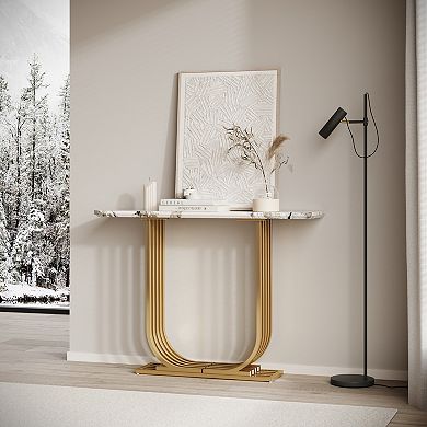 Narrow Console Table With Imitation Marble Top Wooden Frame Construction For Bedroom Living Room