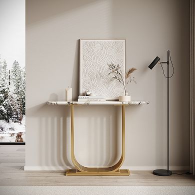 Narrow Console Table With Imitation Marble Top Wooden Frame Construction For Bedroom Living Room