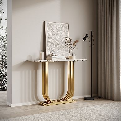 Narrow Console Table With Imitation Marble Top Wooden Frame Construction For Bedroom Living Room