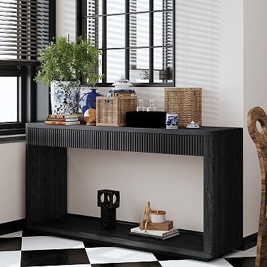 Fluted Console Table With Dual Drawer Storage Wood Veneer Material For Home Office And Living Space